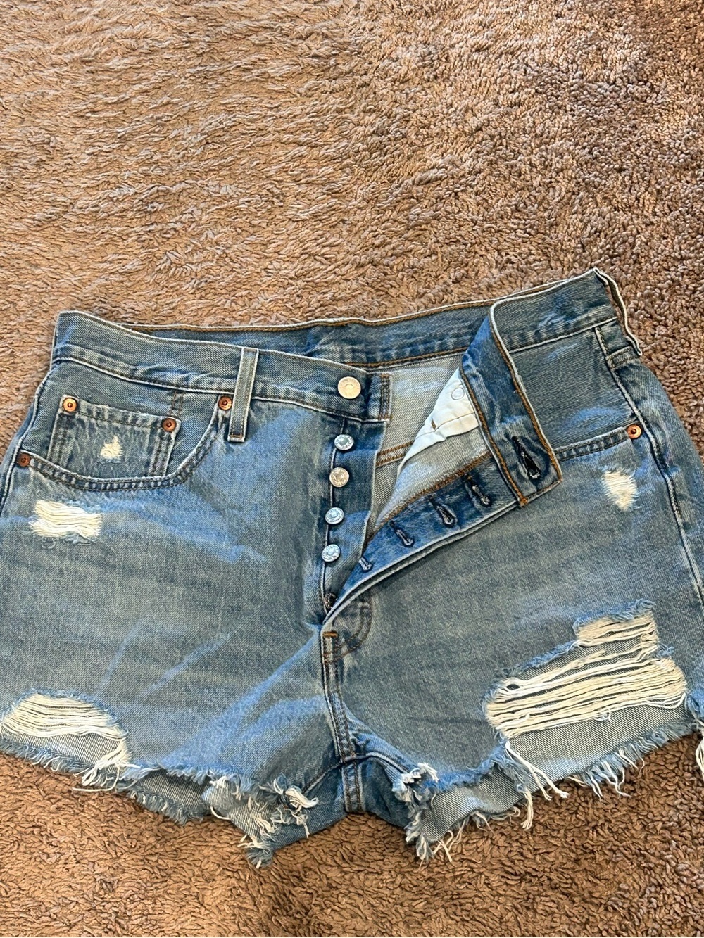 Levi’s 501 Size 32 Distressed High-Rise Denim Shorts  Button Fly